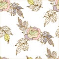 Seamless pattern. Ornament from flowers rose with lace leaves